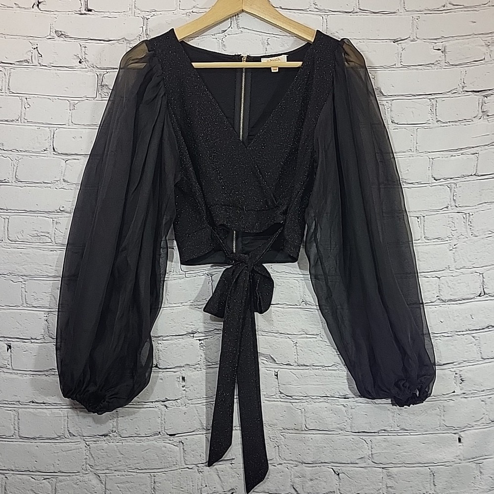 A Peach Vintage‎ Black Crop Top Sz S Small Witchy Whimsy Goth Sheer Sleeves Tie